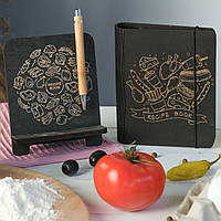 Книга для записів кулінарних рецептів "RESIPE BOOK" дерев'яна підставка та ручка в подарунок