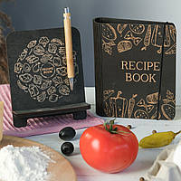 Книга для записей кулинарных рецептов "RESIPE BOOK" деревянная подставка и ручка в подарок