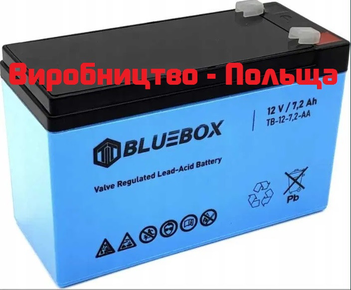 Акумулятор AGM BLUEBOX 12v, 7.2Ah (12 вольтів, 7.2 А·год) для ДБЖ (UPS, безперебійника), освітлення, охорони, фото 1