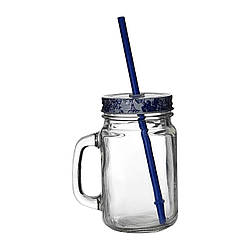 Чашка-банка з трубочкою, блакитна, FL-1053