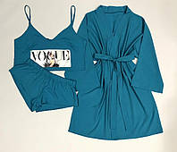 Бірюзовий молодіжний комплект одягу халат+піжама (майка-топ з малюнком і шорти) 42-S