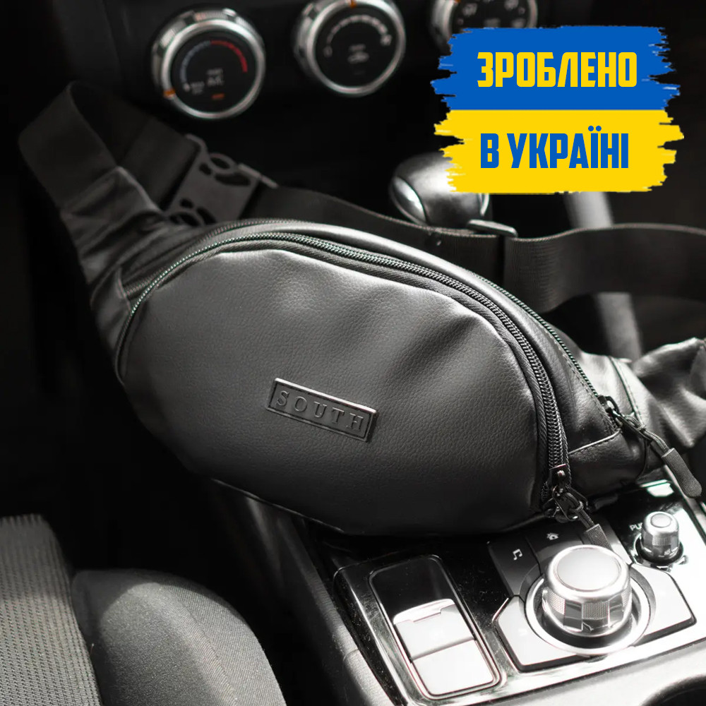 Шкіряна чоловіча сумка бананка CITY BLACK поясна на груди екошкіра