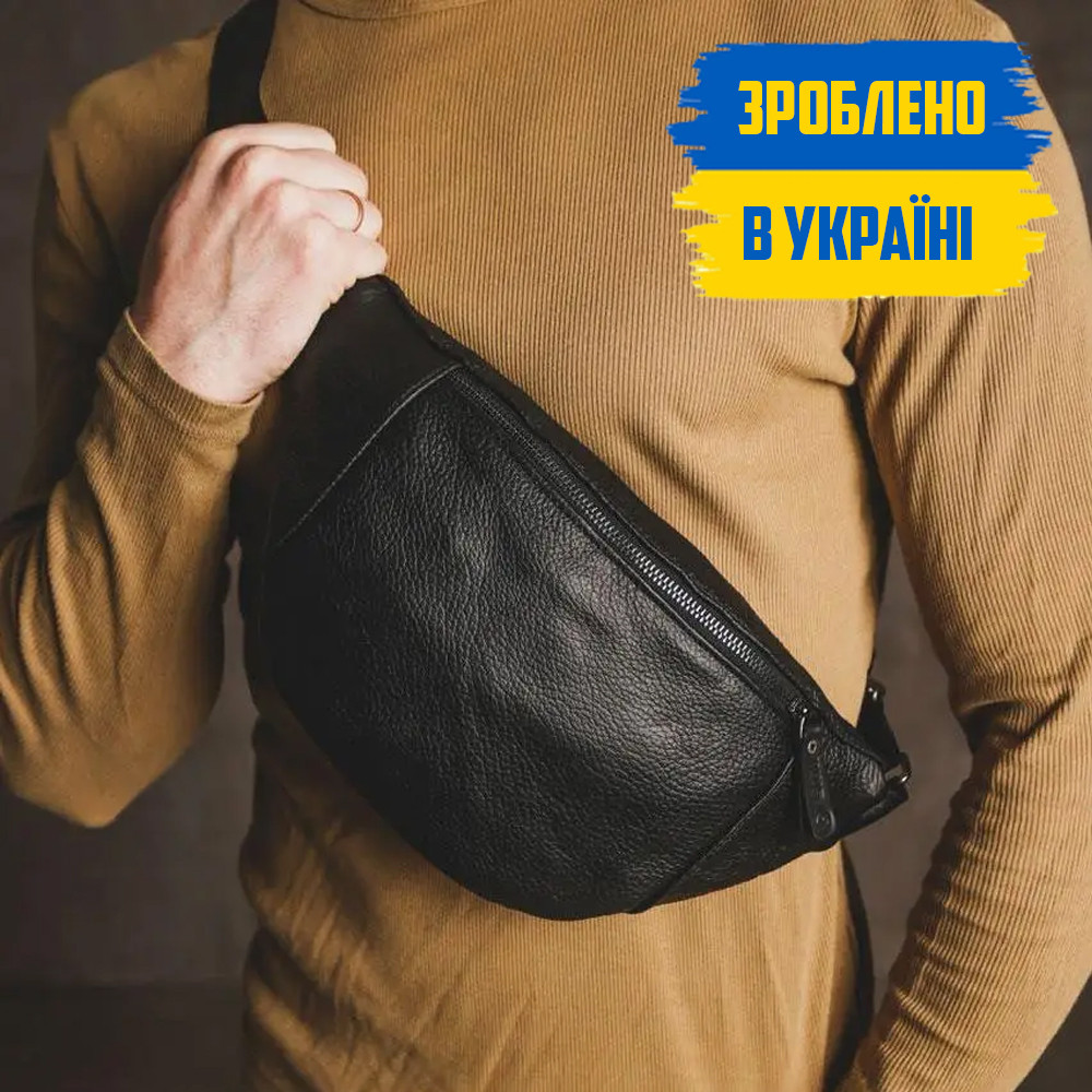 Чоловіча чорна сумка бананка CREATOR поясна на груди натуральна шкіра