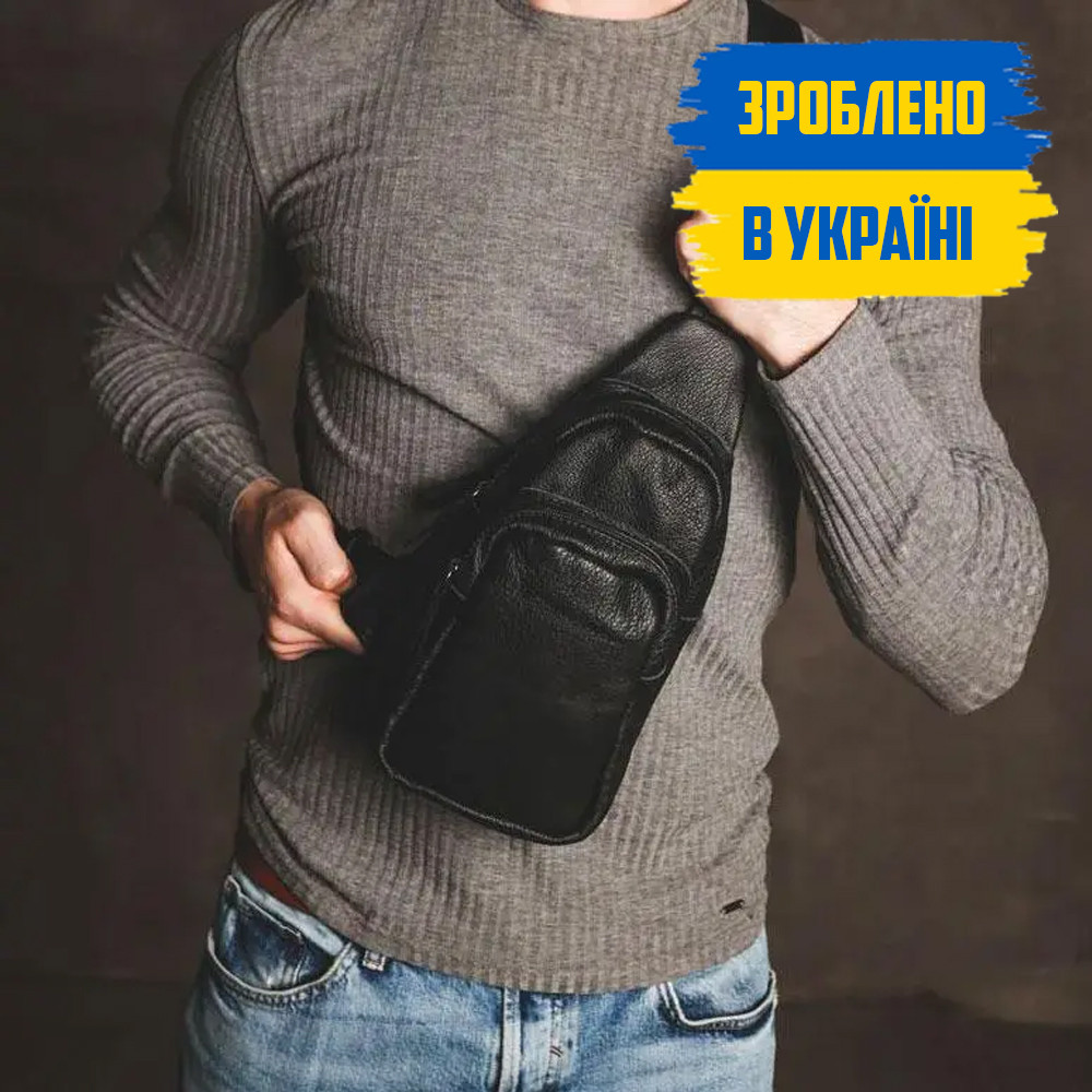 Чоловіча шкіряна нагрудна сумка слінг ALLBLACK чорна через плече SD