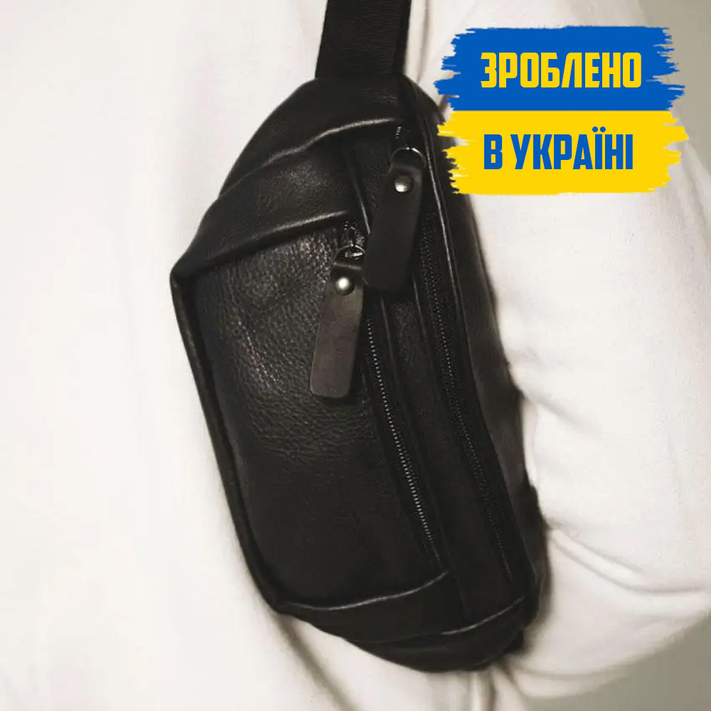 Сумка бананка шкіряна WIZARD чоловіча чорна поясна на груди натуральна шкіра SD