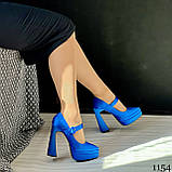 Жіночі сині туфлі на високих підборах і платформі з квадратним носком, фото 9
