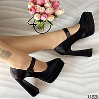 Жіночі чорні туфлі на високих підборах і платформі, жіночі атласні туфлі на стійкому підборі