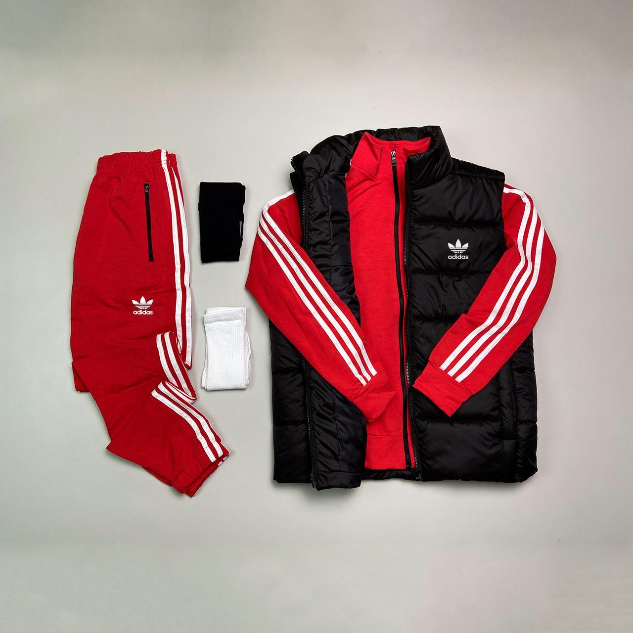 Чоловічий весняний комплект 4в1 Adidas/чорний жилет + кофта + штани Адідас/костюм червоного кольору