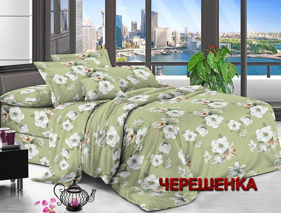 Синтетична тканина 220 см для постільної білизни світло-зелений поліестер 75 з принтом білі квіти, у рулоні 60 м, фото 1