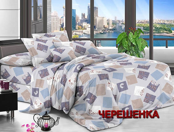 Сіра світла постільна тканина синтетична Поліестер 75 з принтом квадрати, ширина 220 см, у рулоні 60 м, фото 1