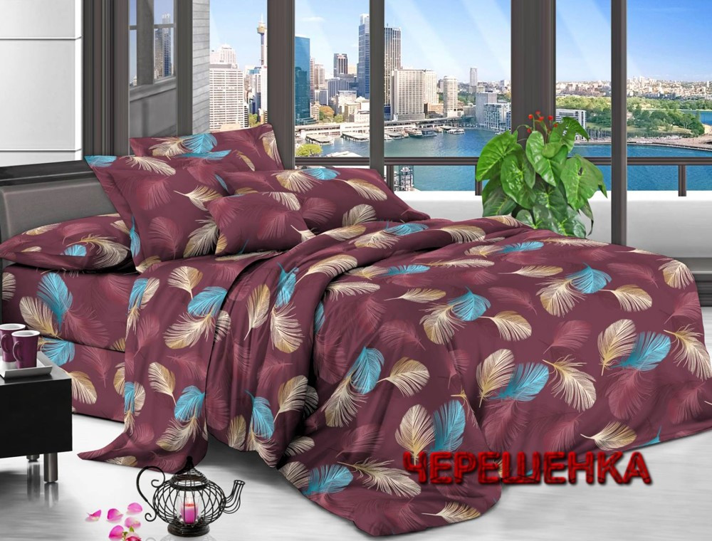 Темна бордова постільна тканина 220 см синтетична Поліестер 75 з принтом сині та бежеве пір'я, рулон 60 м