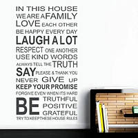 Виниловая интерьерная наклейка декор на стену и обои "Правила дома. In this house we are a family love" на з