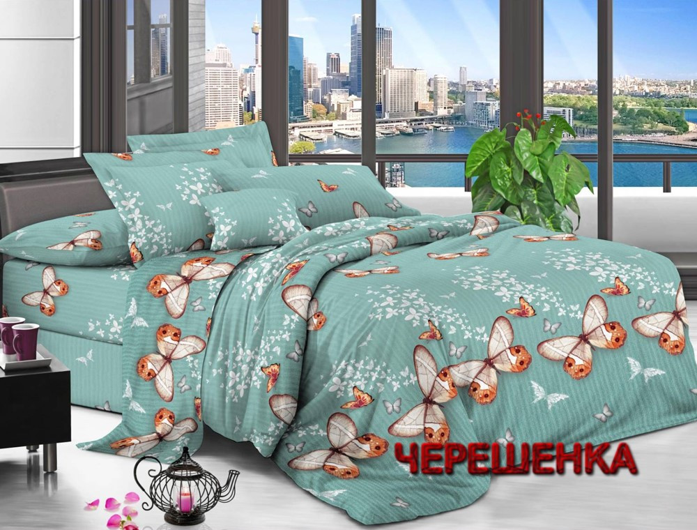 Постільна тканина 220 см синтетична Поліестер 75 бірюзова, принт метелики, у рулоні 60 м