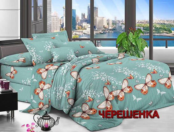 Постільна тканина 220 см синтетична Поліестер 75 бірюзова, принт метелики, у рулоні 60 м, фото 1