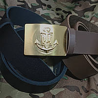Ремень солдатский тактический кожаный с пряжкой (бляхой) латунной Якорь тризуб