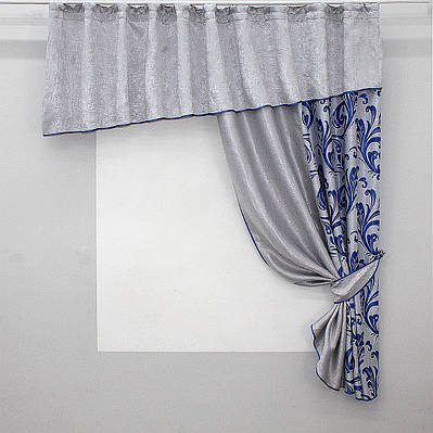 Кухонний комплект (270х170см.) шторка з ламбрекеном. Колір сірий з синім. Код 097к  50-931