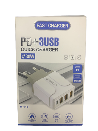 Мережевий зарядний пристрій 30 W Type-C PD20W 3 USB 3 А ABC білий, фото 1