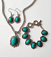 Комплект ювелирных украшений ожерелье серьги винтажный браслет с бирюзовым камнем