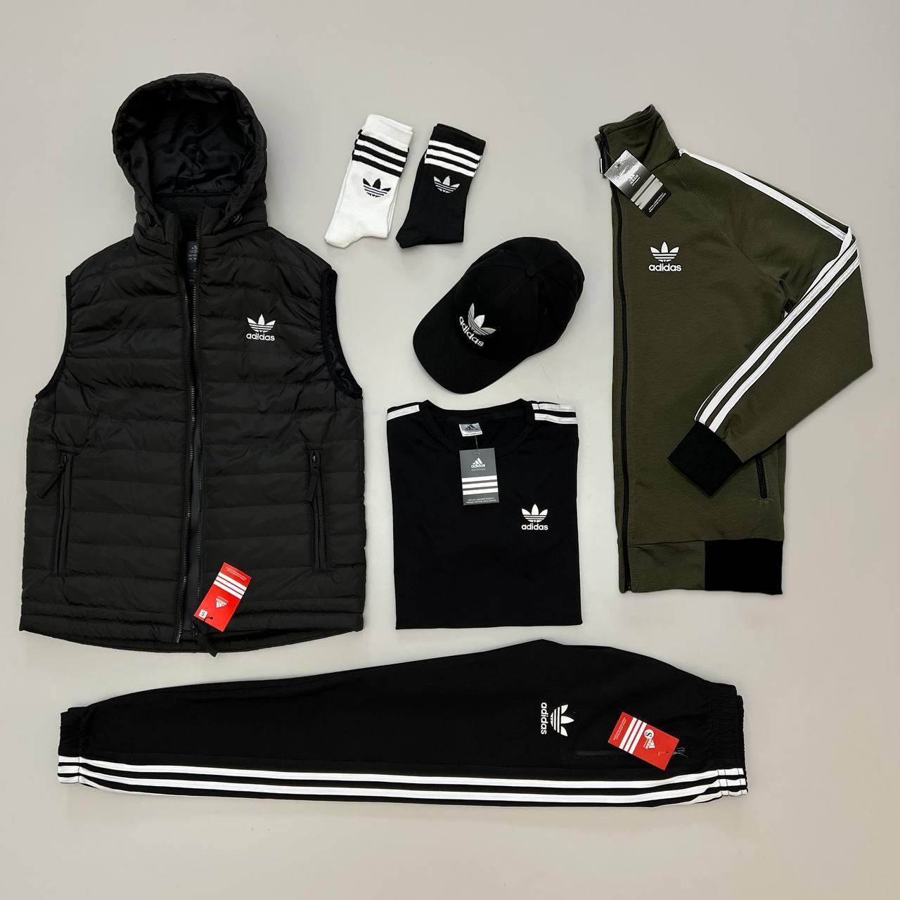 Чоловічий костюм Adidas 5в1 + Жилетка + Футболка + Кепка + Шкарпетки хакі з чорним Адідас весняний