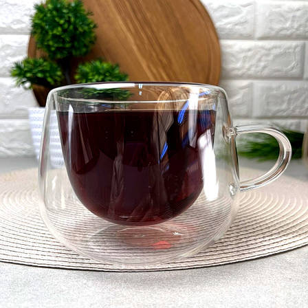 Широка чайна чашка з боросилікатного скла 375мл з подвійними стінками, фото 1