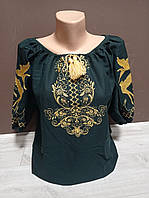 Дизайнерська смарагдова жіноча вишиванка "Казка" з рукавом 3/4 Україна УкраїнаТД 44-64 розміри льон