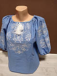 Блакитна жіноча вишиванка "Радість" з вишивкою та рукавом 3/4 Україна УкраїнаТД 44-64 розміри льон, фото 2