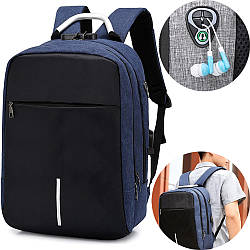 Універсальний міський рюкзак з USB та виходом для навушників (40х28х14см), 15л, Синій / Портфель для ноутбука