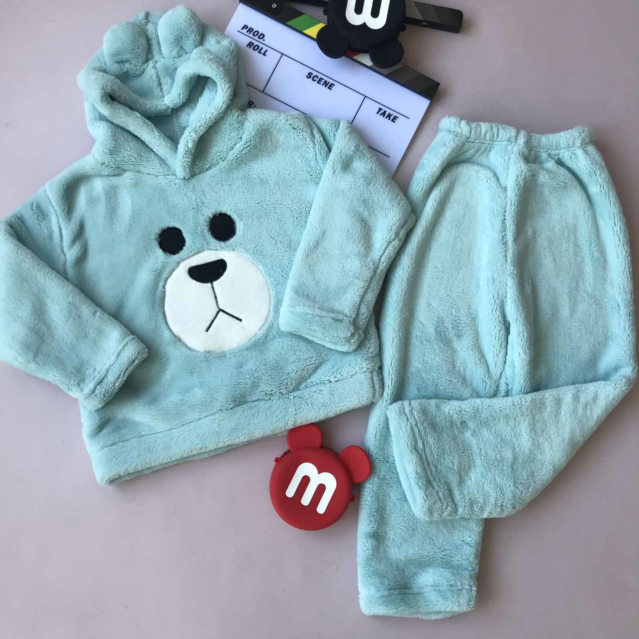 Тепла піжама для хлопчика ведмедик з вушками М'ятна 2022 Мятный, Унисекс, Зима, 120 , 3 года, 152, фото 1