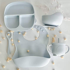 Силіконова секційна та глибока тарілка на присосках, нагрудник, поїльник, ложка/ дитяча для прикорму