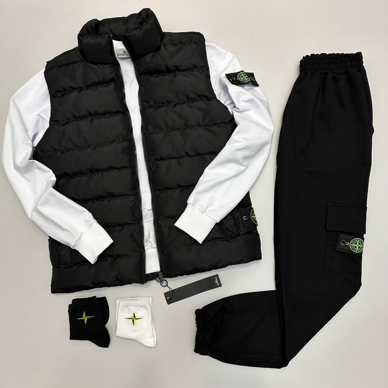 Чоловічий спортивний костюм Stone Island Жилетка + Світшот + Штани білий без капюшона Комплект Стон Айленд