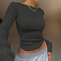 Женский укороченный топ с длинным рукавом с рюшами Чёрная футболка, S