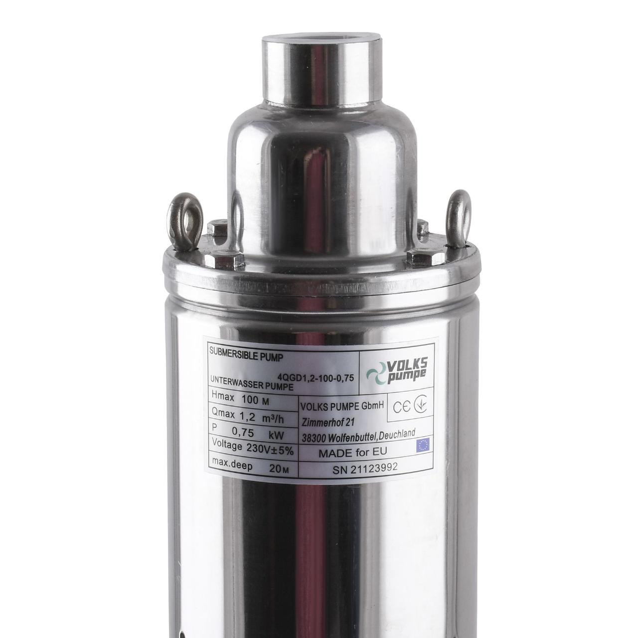 Погружной скважинный шнековый насос VOLKS 4QGD 1,2-100-0,75 (750 Вт, +кабель 15м, фото 3