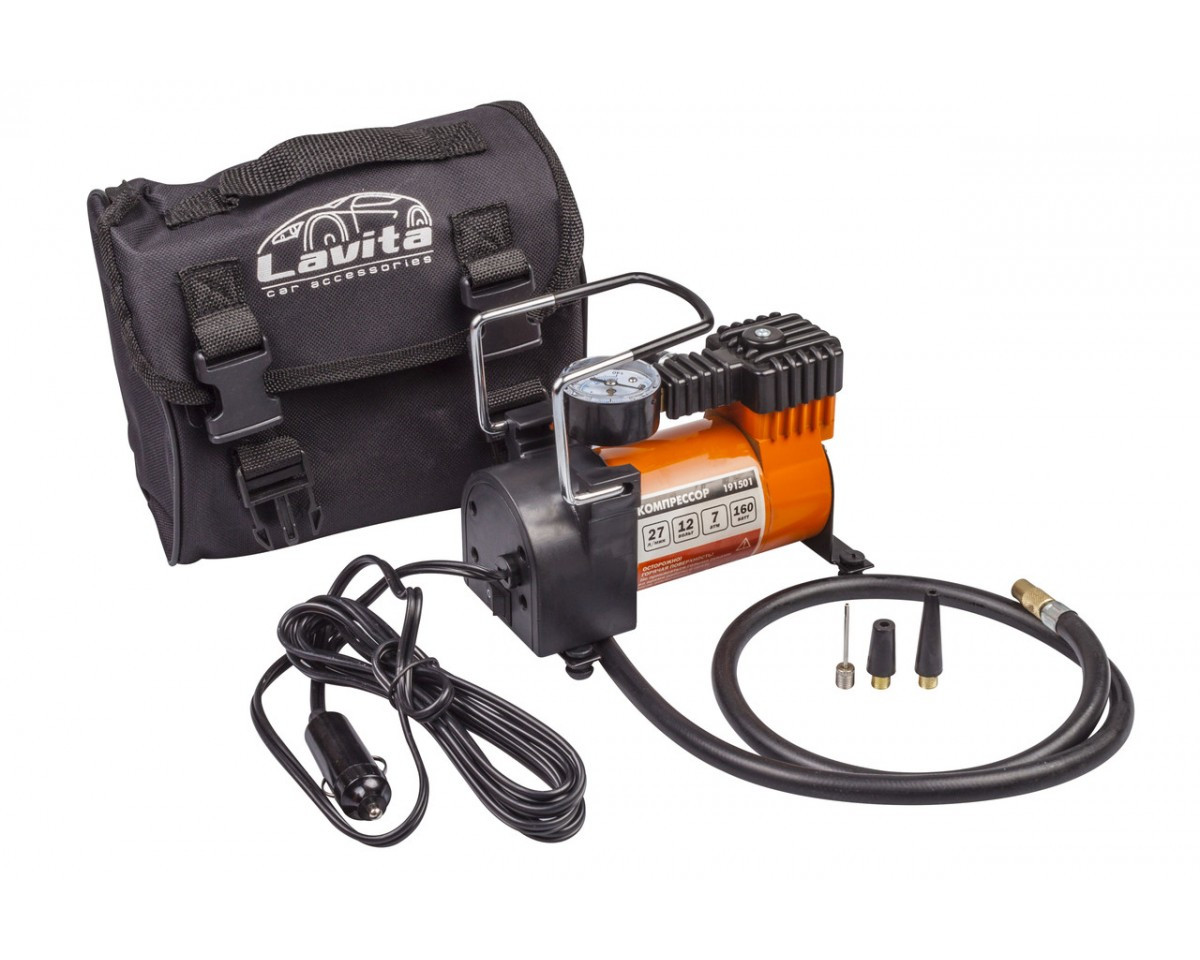 Автокомпресор 12V, 7Атм, 27л/хв від прикурювача R13-R14 в сумці Lavita 191501