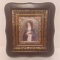 Икона Антоний Печерский святой православный, лик 10х12 см, в темном деревянном киоте со вставками