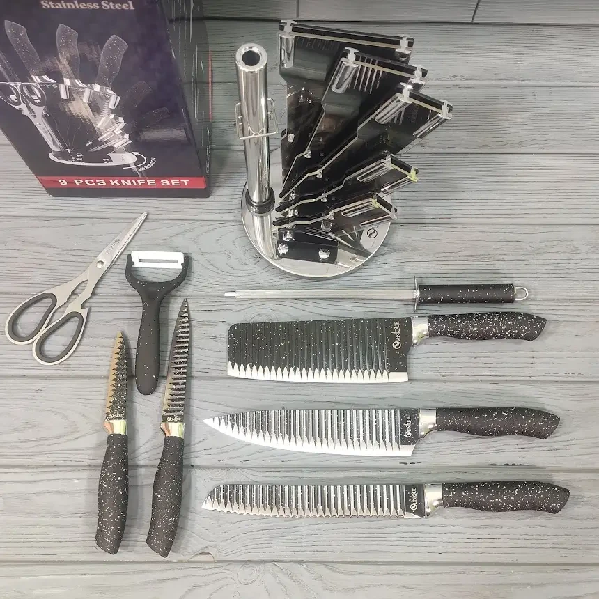 Профессиональный набор ножей Knife Set 9в1, вращаемая подставка, сверхострые, нержавеющая сталь - фото 8 - id-p1807630919