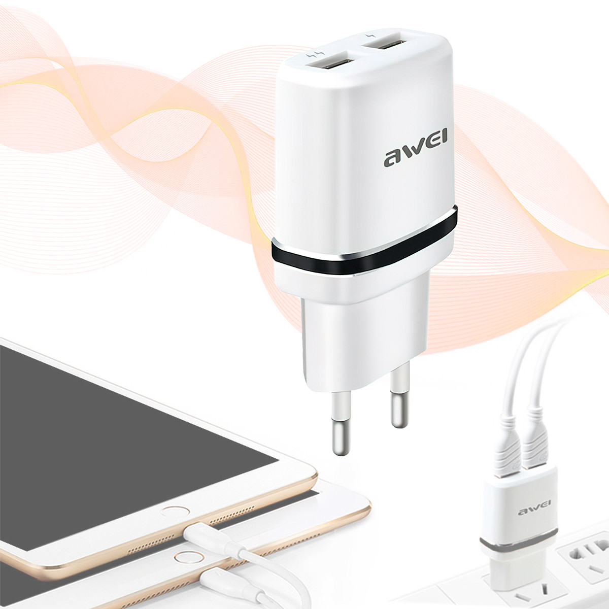 Зарядка для телефона 2хUSB "Awei C-930" Біло-чорна, мережевий зарядний пристрій — блок живлення 1 А/2.1А (ST)