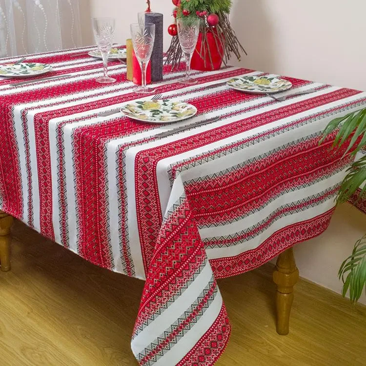 Скатертина святкова з червоною вишивкою на розкладний стіл 220х145, фото 1