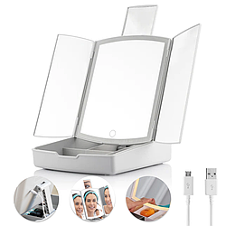 Настільне потрійне дзеркало з LED підсвічуванням та відсіком для косметики MA-17 / Складене дзеркало для макіяжу