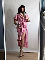 Женское платье софт 104 розовое цветочный принт с распоркой пояс резинка на запах миди размер единый 44-52