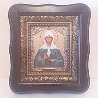 Икона Матрона святая блаженная, лик 10х12 см, в темном деревянном киоте со вставками