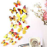 Бабочки для декора помещений, Наклейки бабочки для декора помещений, 3d бабочки для декора, Желтые 12 шт