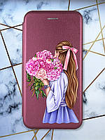 Чехол-книжка с рисунком для Xiaomi Poco C40 Бордовый :: Девушка с пионами (принт 11)