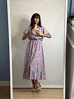 Женское платье софт 104 сиреневое цветочный принт с распоркой пояс резинка на запах миди размер единый 44-52