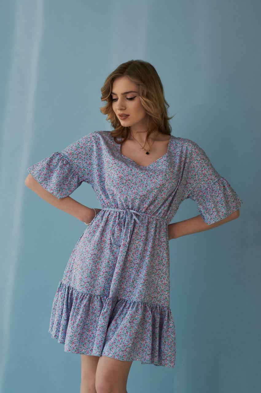 Женское Платье Софт 101 Голубое Цветочный Принт Короткое Пояс Резинка ...