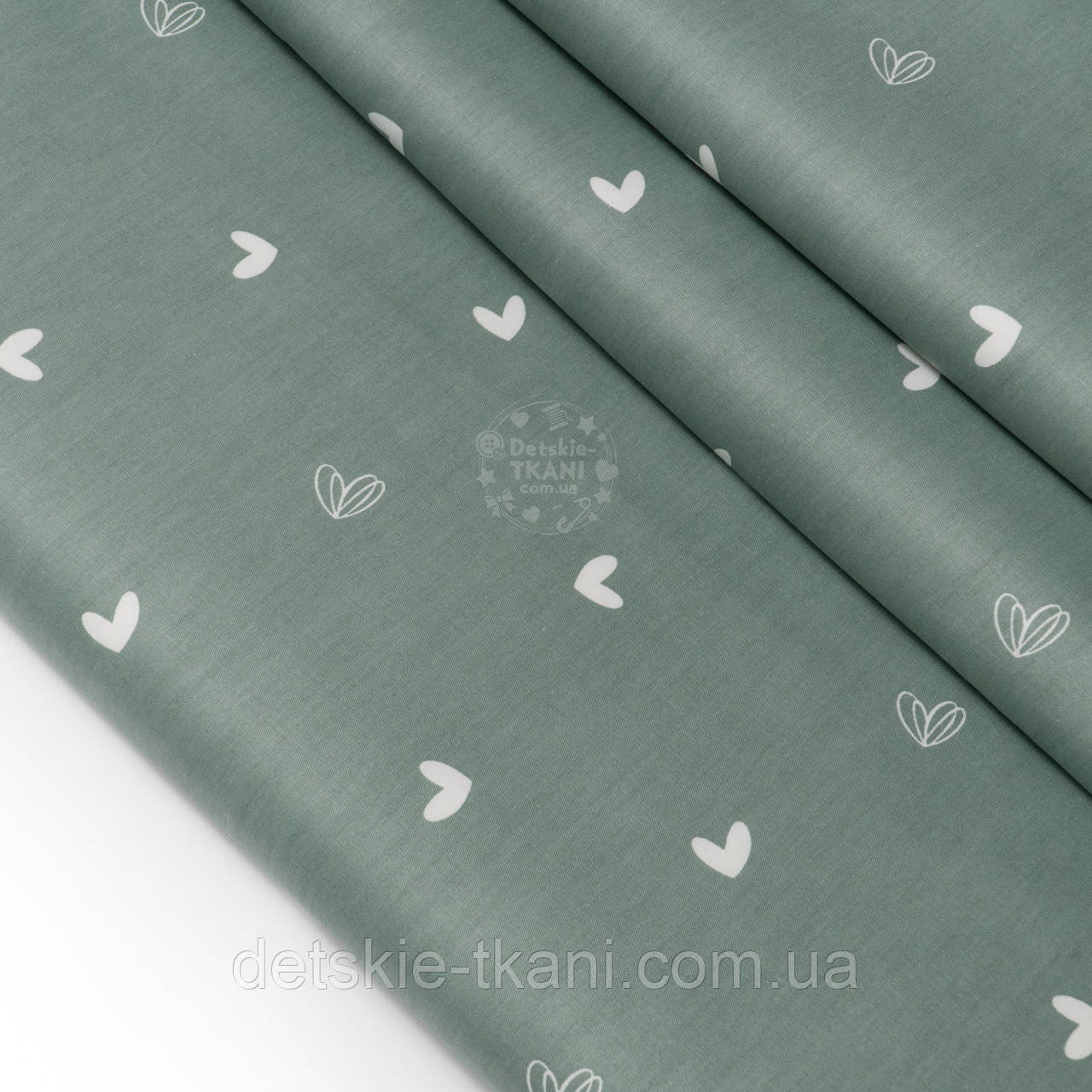 Сатин "Білі та контурні сердечка" на шавлієвому, №4617с, фото 1