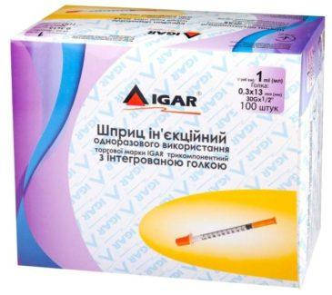 Шприц 1 мл IGAR інтегрована голка 0,3*13 мм (100шт/уп), фото 1