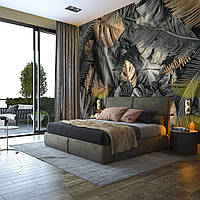 Флизелиновые 3D фотообои в спальню 254 x 184 см Цветы - Серые и золотые листья монстеры (13804V4)+клей
