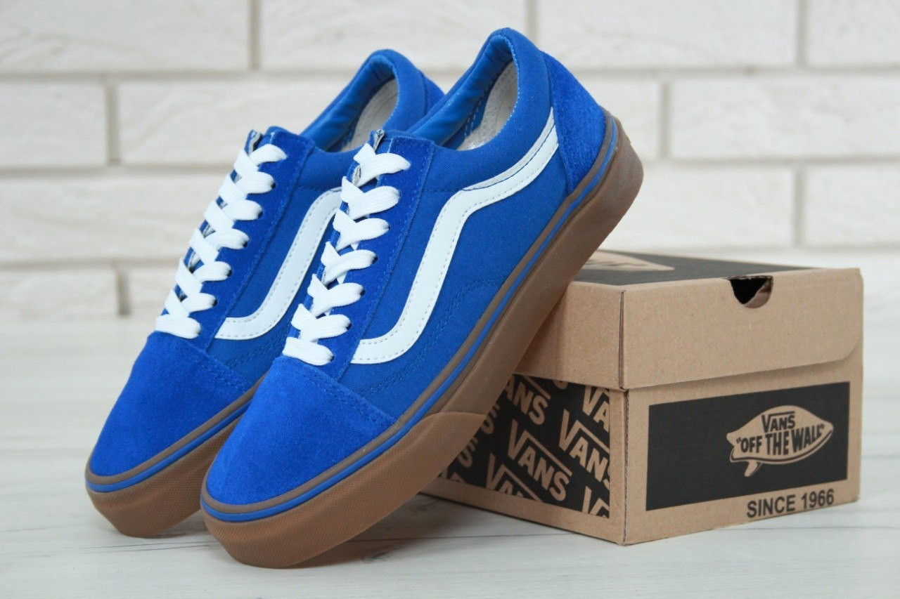 Чоловічі кеди Vans Old Skool Blue Ванс Олд Скул сині з коричневою підошвою Унісекс Вьетнам текстиль