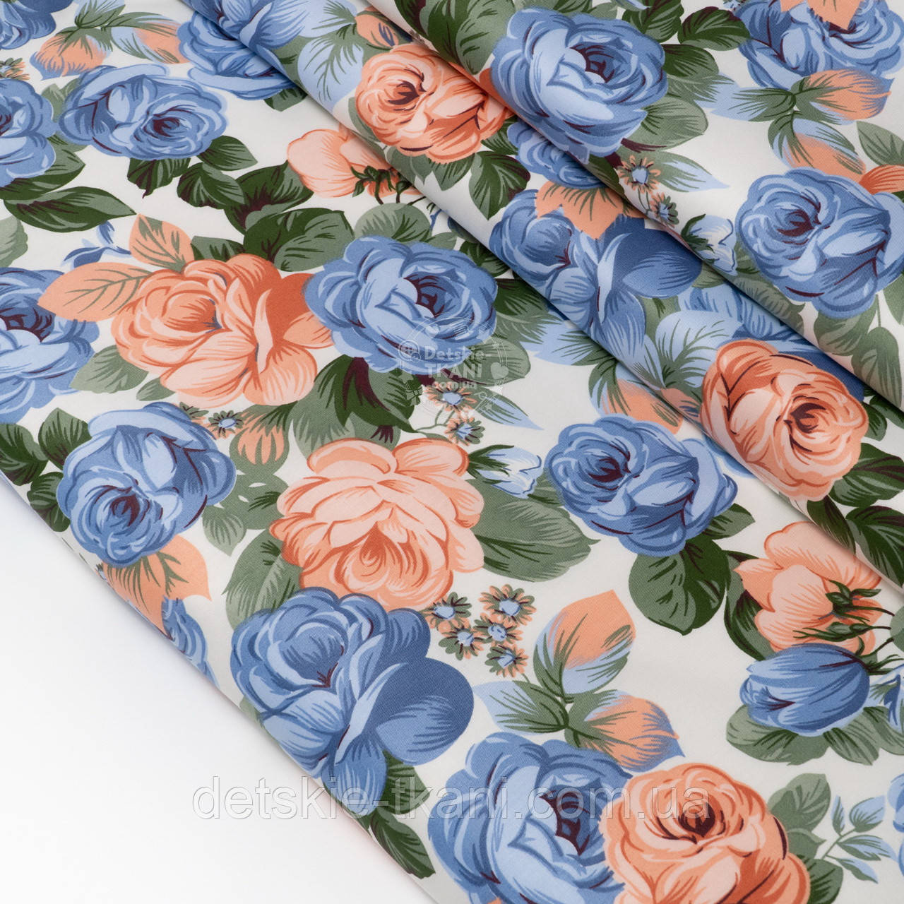 Сатин "Великі персикові та сині троянди", №4620с, фото 1