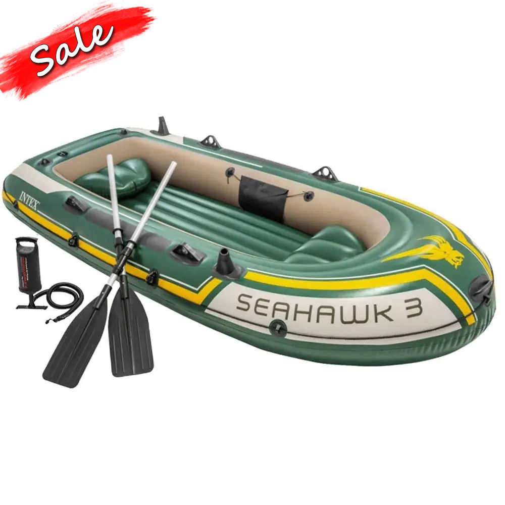 Човен надувний тримісний Intex 68380 Seahawk моторно-гребний човен ПВХ для риболовлі та туризму трикамерний